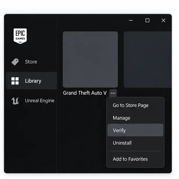 Epic Games Launcher’s Grand Theft Auto V Library menu shows Manage and Verify.
