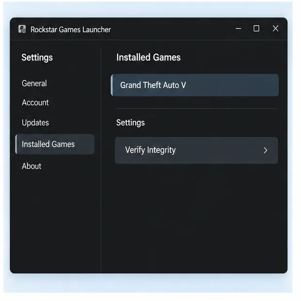 Rockstar Games Launcher Settings shows Grand Theft Auto V selected and the Verify Integrity action.