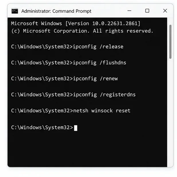 An Administrator Command Prompt displays ipconfig and netsh commands for Windows network troubleshooting.