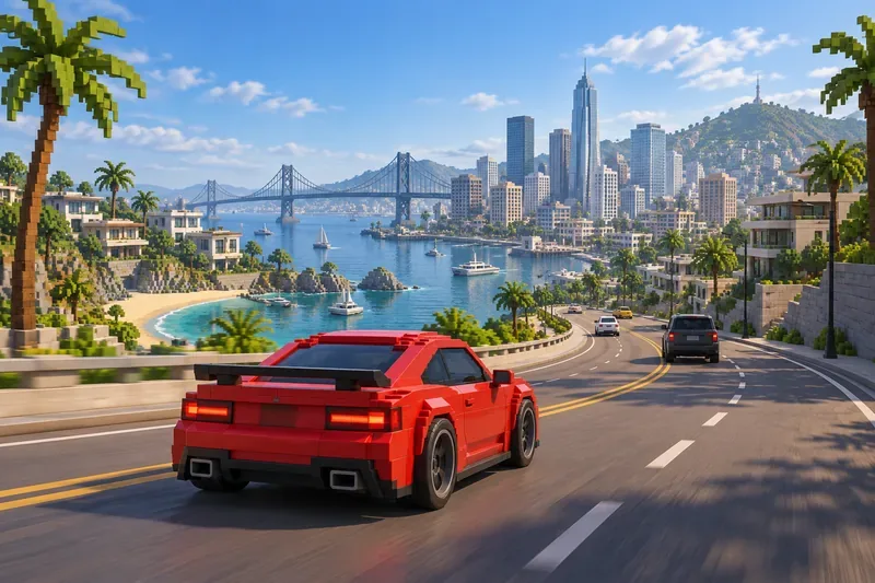 Um carro vermelho, construído em blocos, percorre uma estrada costeira sinuosa, passando por uma ponte e pelo horizonte da cidade.