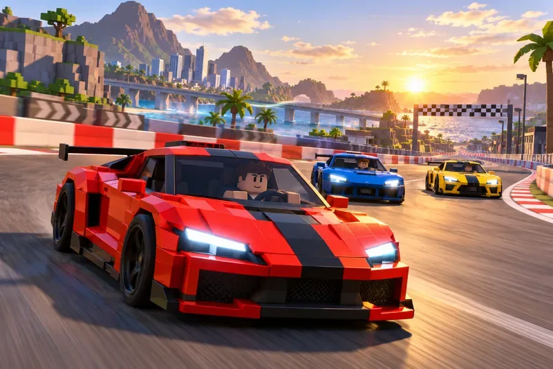 Três carros esportivos virtuais construídos em blocos competem em direção à linha de chegada quadriculada em um circuito ensolarado.