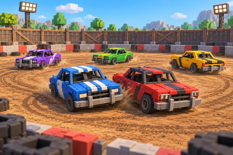 Carros coloridos construídos com blocos circulam em uma arena de demolição de terra, batendo de um lado para o outro.