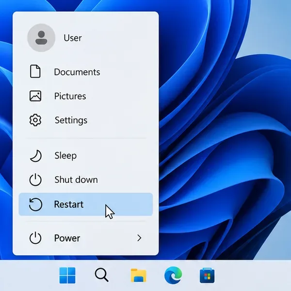 Illustration of the Windows 11 power menu with Restart selected.