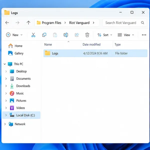 Illustration of File Explorer at C:\Program Files\Riot Vanguard with the Logs folder selected.