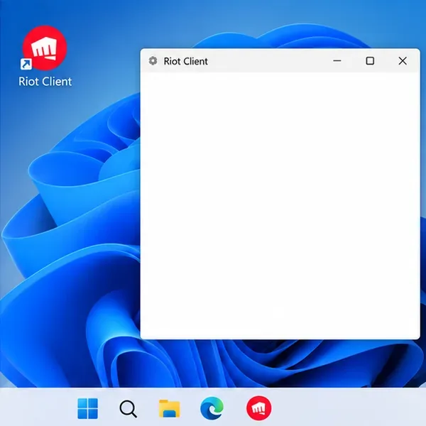 Illustration of a Windows desktop with a Riot Client shortcut and a blank Riot Client window open.