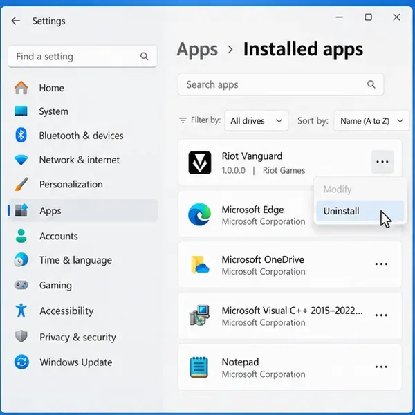 Illustration of Windows Installed apps with Riot Vanguard listed and the Uninstall option open.