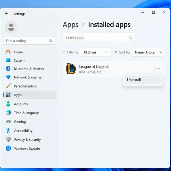Illustration of Windows Installed apps with the League of Legends entry and its Uninstall option visible.