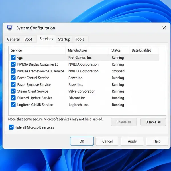 Illustration of System Configuration on the Services tab with Hide all Microsoft services and vgc checked.