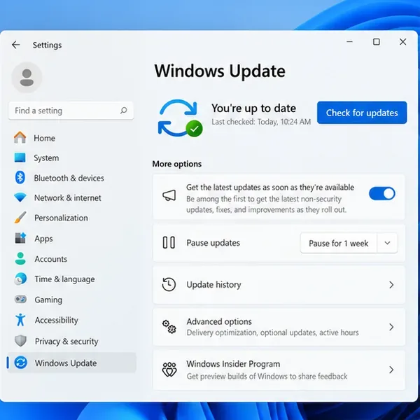 Illustration of Windows Update settings with the Check for updates button visible.