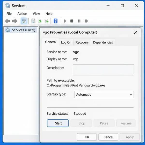 Illustration of Windows Services showing vgc set to Automatic and stopped, with Start available.