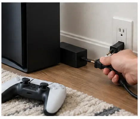 A hand disconnecting a console power cable beside a controller.