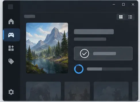 A generic game library interface with a checkmark and progress ring for verifying game files.