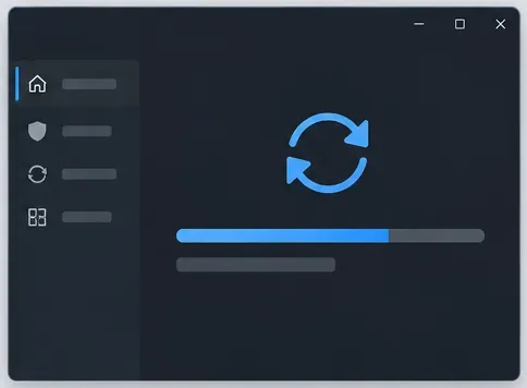 A generic desktop update window with a restart symbol and a progress bar.
