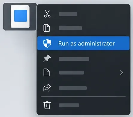 A Windows context menu with “Run as administrator” highlighted.