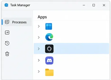 Task Manager’s Apps list with a background application selected.