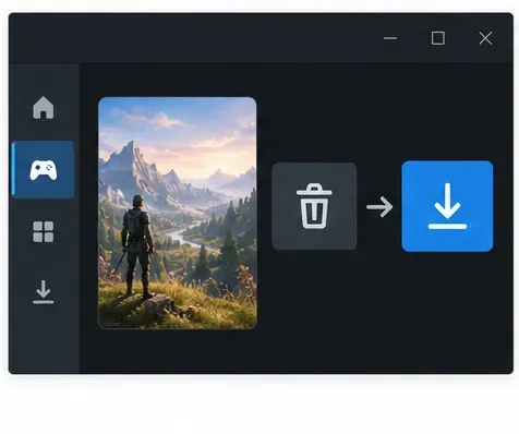 A generic game library showing a game removal icon followed by a download icon.