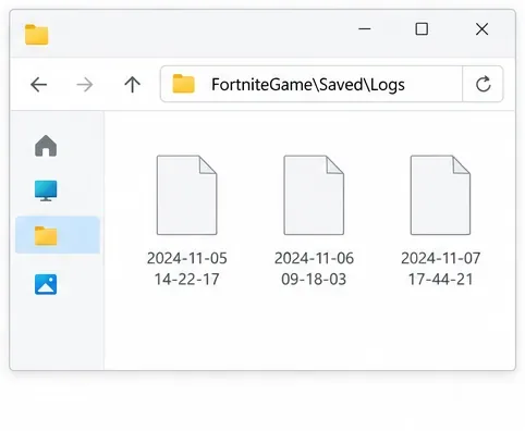 File Explorer showing FortniteGame\Saved\Logs and several log files.