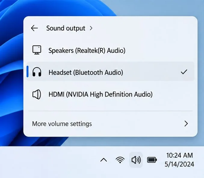 รายการเอาต์พุตเสียงของ Windows 11 แสดงลำโพง, ชุดหูฟังบลูทูธที่เลือกไว้ และเสียง HDMI