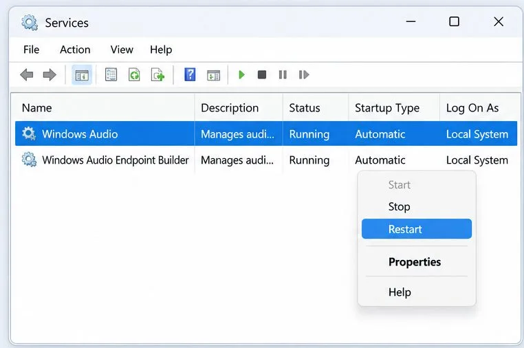 คอนโซลบริการจะแสดงรายการ Windows Audio และ Windows Audio Endpoint Builder โดยเลือก Restart ไว้