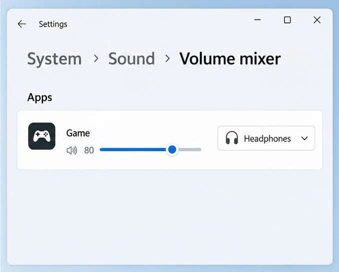 ตัวปรับระดับเสียงของ Windows 11 แสดงแอปเกมที่มีระดับเสียงสูงขึ้น และเลือกหูฟังเป็นอุปกรณ์ส่งสัญญาณออก