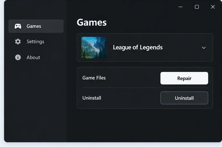 ภาพประกอบการตั้งค่าไคลเอ็นต์เกมแสดงให้เห็นว่าเลือก League of Legends และมีปุ่มซ่อมแซมอยู่ด้วย