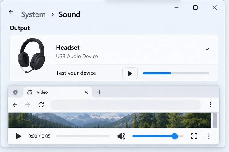 การตั้งค่าเสียงของ Windows 11 แสดงชุดหูฟังที่เลือกและการทดสอบอุปกรณ์เหนือโปรแกรมเล่นเสียงของเบราว์เซอร์