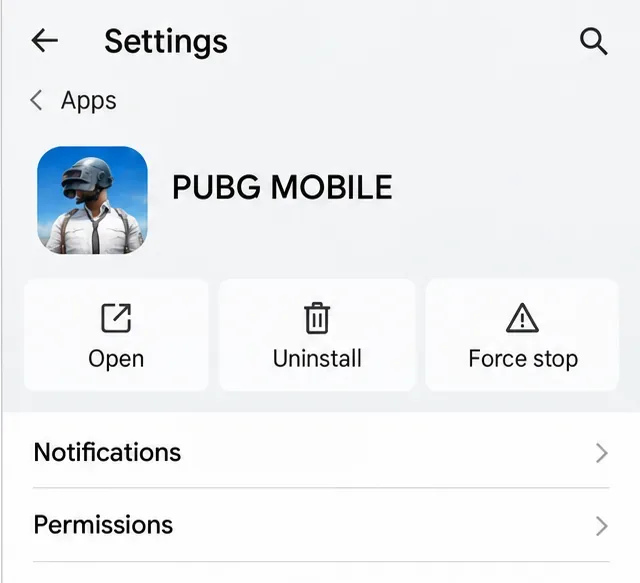หน้าข้อมูลแอปการตั้งค่า Android สำหรับ PUBG MOBILE ที่แสดงตัวเลือก "บังคับหยุด"