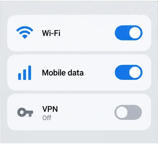 การตั้งค่าเครือข่ายของ Android แสดงว่า Wi-Fi, ข้อมูลมือถือ และ VPN ถูกปิดใช้งาน