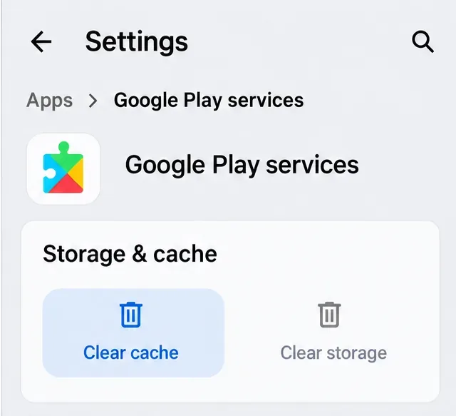 หน้าจอแสดงพื้นที่จัดเก็บข้อมูลของ Google Play Services โดยมี Clear cache ถูกไฮไลต์ และ Clear storage แยกต่างหาก