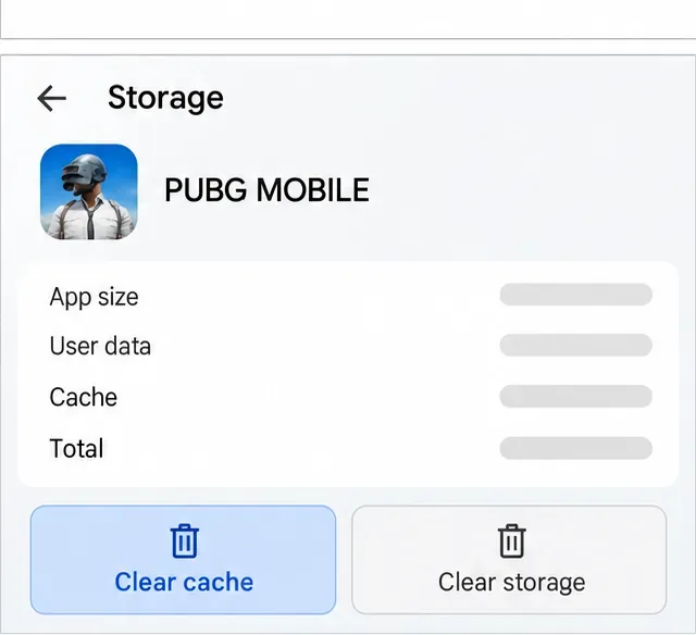 หน้าจอแสดงข้อมูลพื้นที่จัดเก็บข้อมูลของ PUBG MOBILE โดยมีตัวเลือก "ล้างแคช" ถูกไฮไลต์ และ "ล้างพื้นที่จัดเก็บข้อมูล" ไม่ได้ถูกเลือก