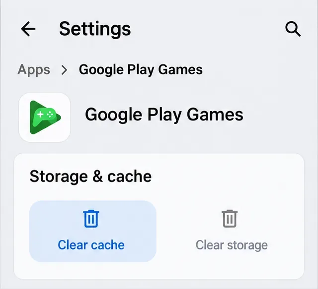 หน้าจอแสดงพื้นที่จัดเก็บข้อมูลของ Google Play Games โดยมี Clear cache ถูกไฮไลต์ และ Clear storage แยกต่างหาก