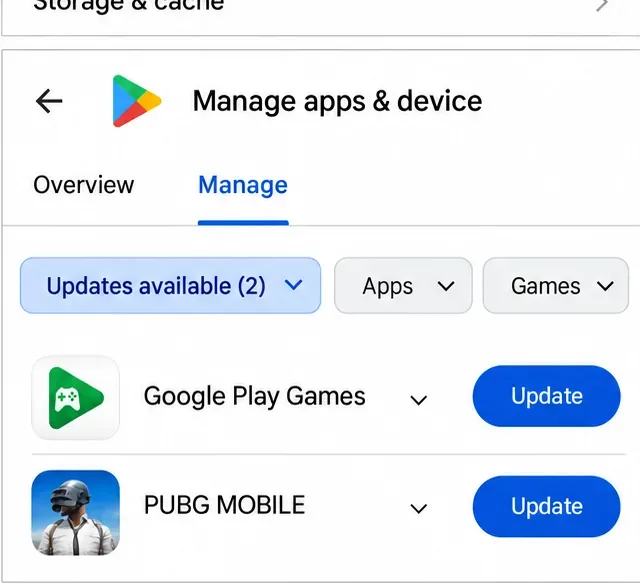 Google Play Store จัดการแอปและรายการอุปกรณ์บนหน้าจอแสดงรายการ Google Play Games และการอัปเดต PUBG MOBILE