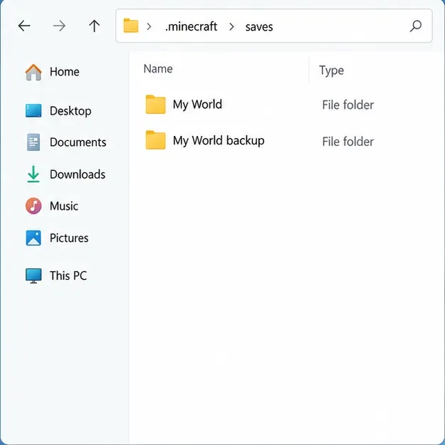 Minecraftのセーブフォルダには、My WorldフォルダとMy Worldバックアップフォルダが別々に含まれています。