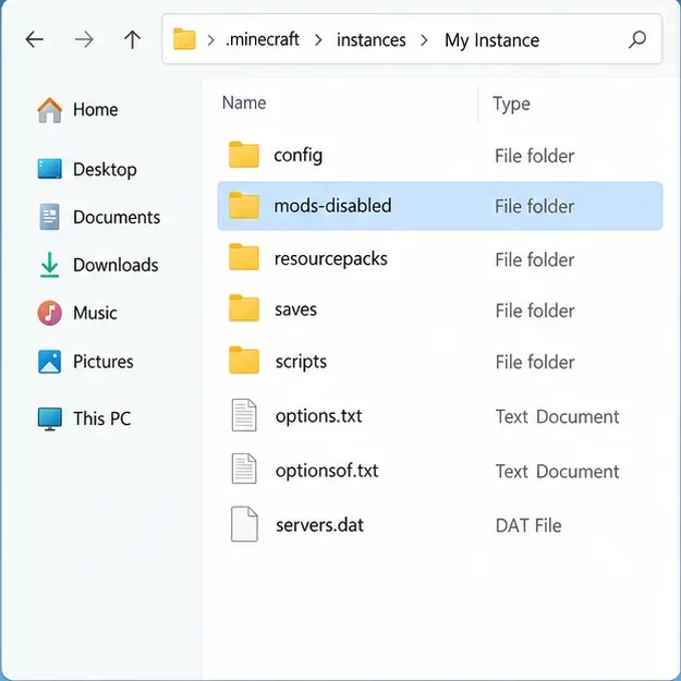 Minecraftインスタンスフォルダにはmods-disabledと表示されますが、config、resourcepacks、savesはそのまま残っています。