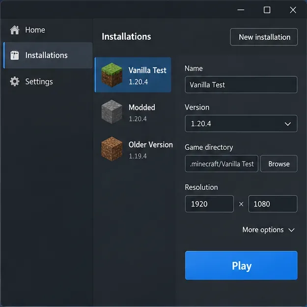 ランチャーのインストール画面には、別のバニラテストプロファイルが選択されています。